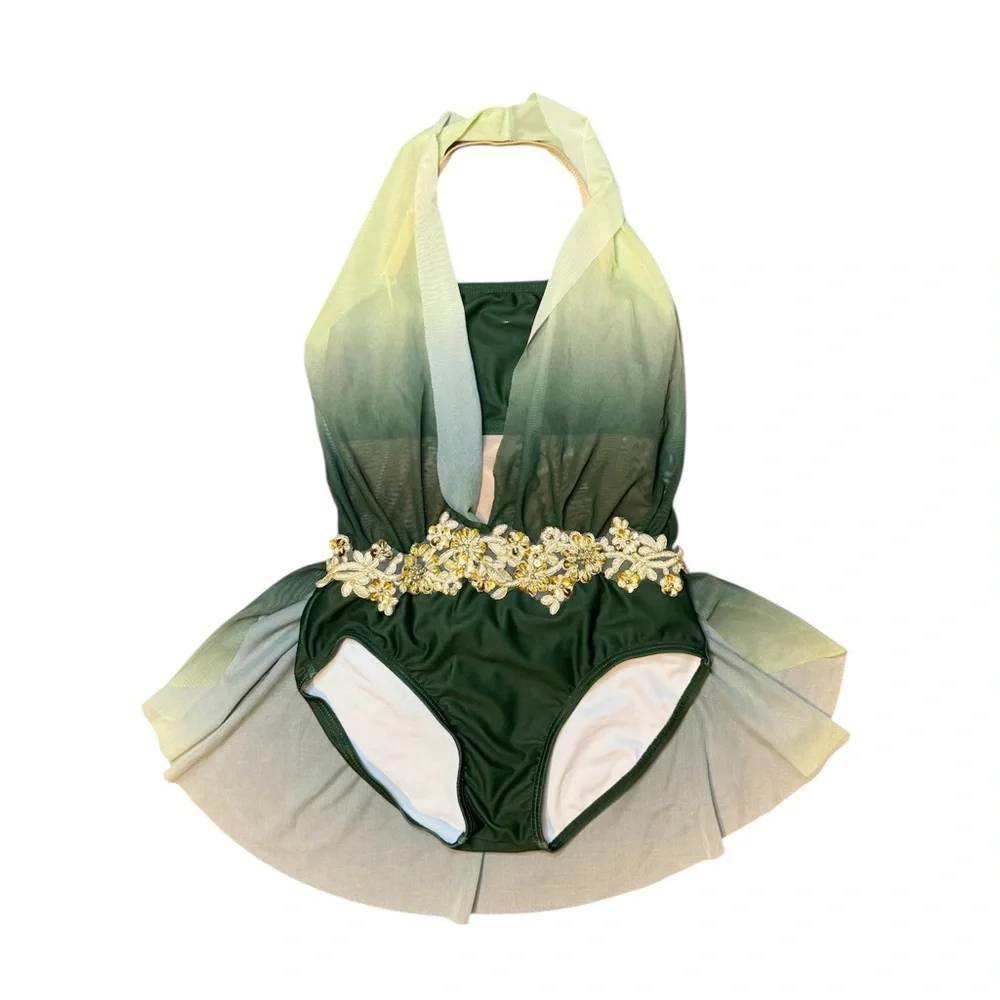 Weissman Elite | Lifelines Green White Ombre Mesh Halter Leotard Skirt, LC