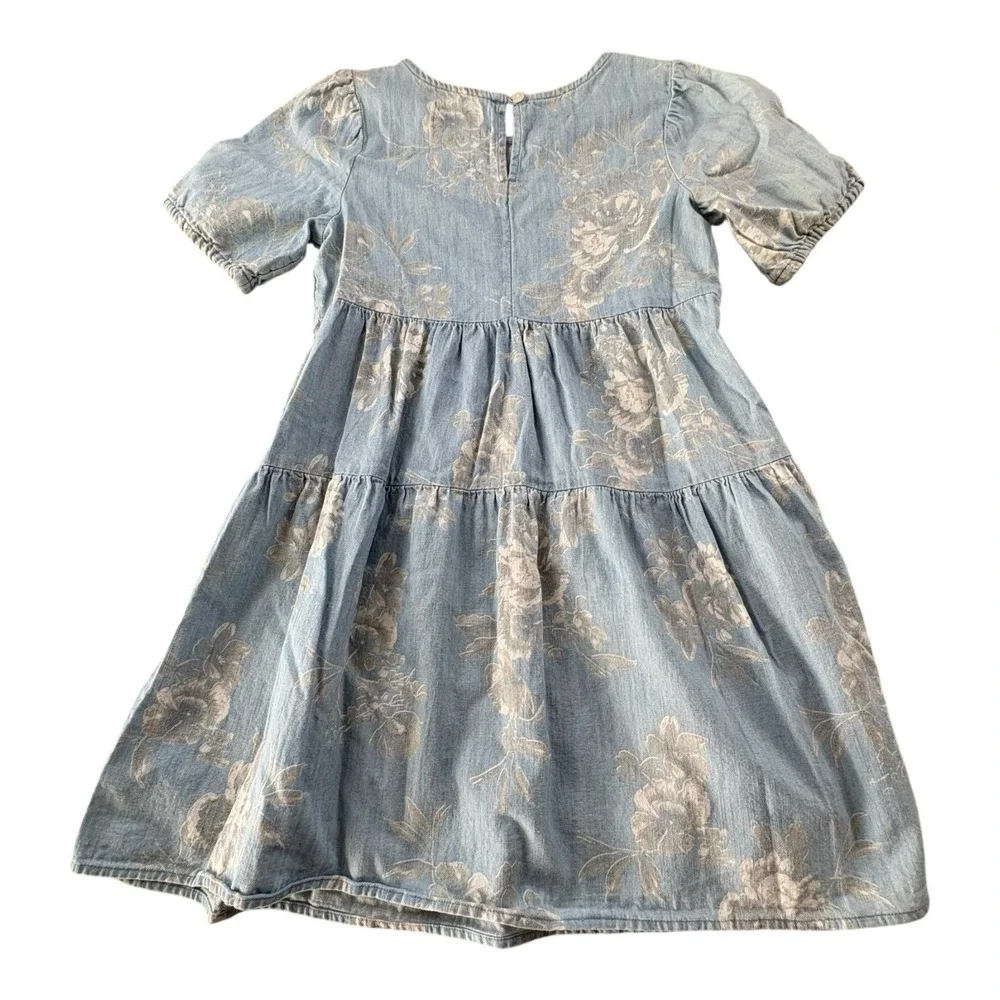 Old Navy Girls Chambray Tiered Dress‎ Size 8 Blue Floral Short Sleeve