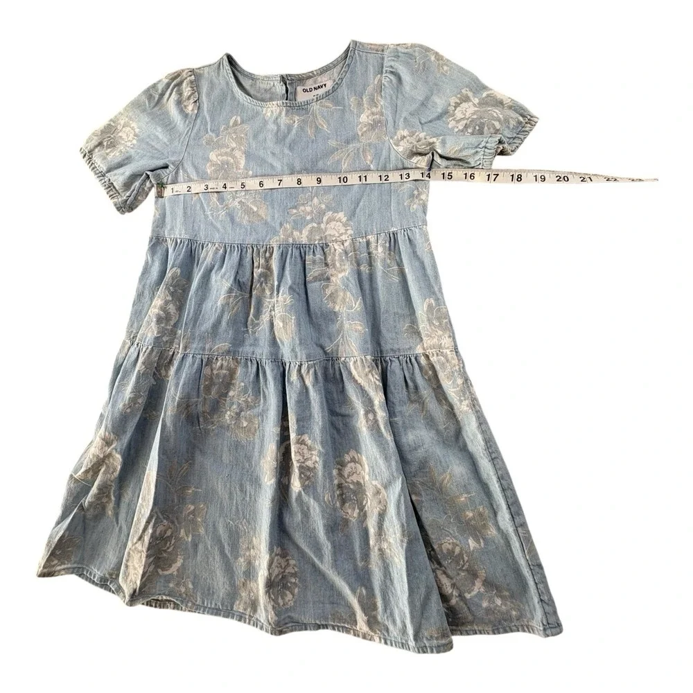 Old Navy Girls Chambray Tiered Dress‎ Size 8 Blue Floral Short Sleeve