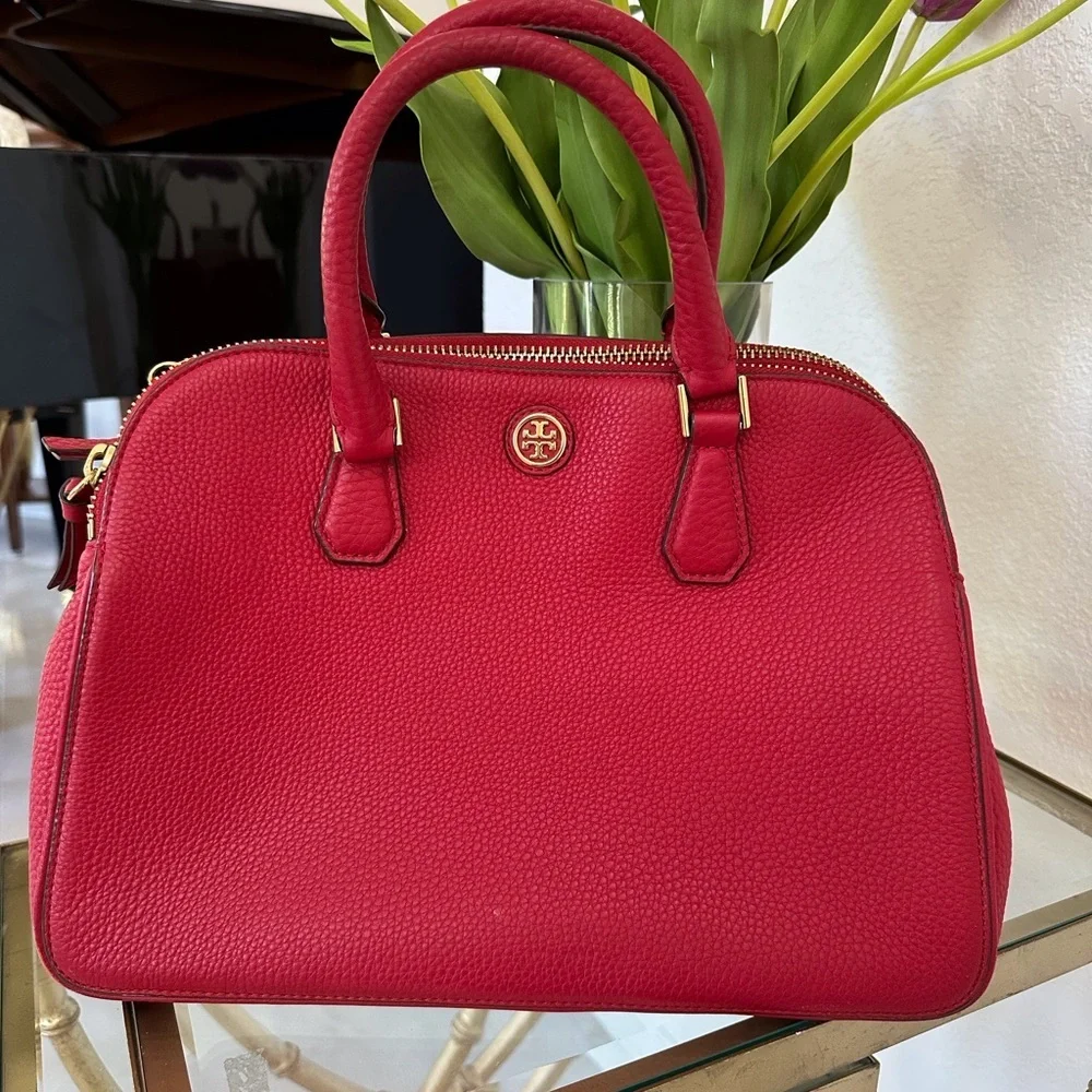 Tory Burch Cherry Red Robinson Satchel Pebbled Leather