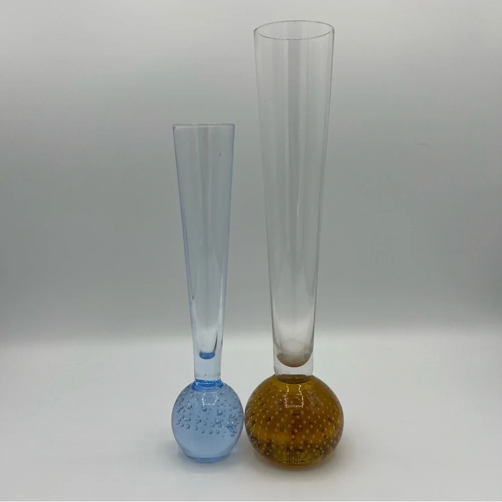 Elegant Controlled Bubble Art Glass Vase Set in Blue‎ and Amber with Flaws