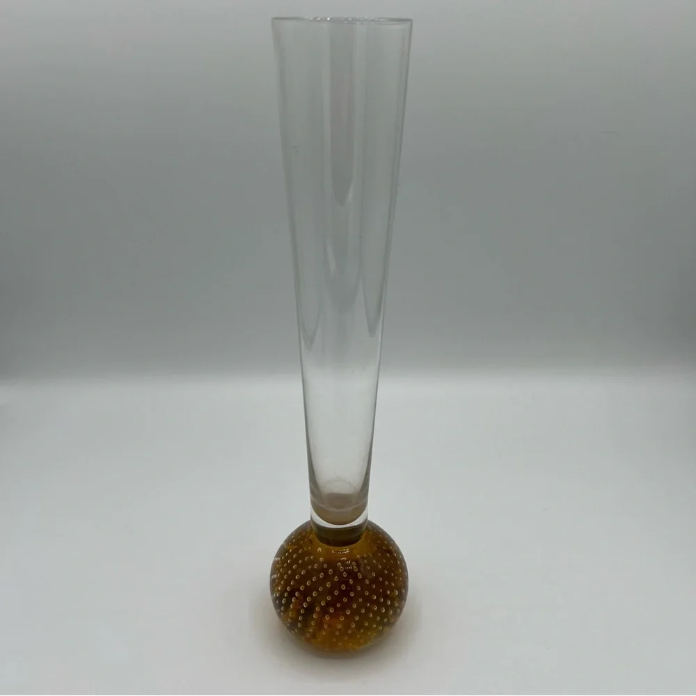 Elegant Controlled Bubble Art Glass Vase Set in Blue‎ and Amber with Flaws