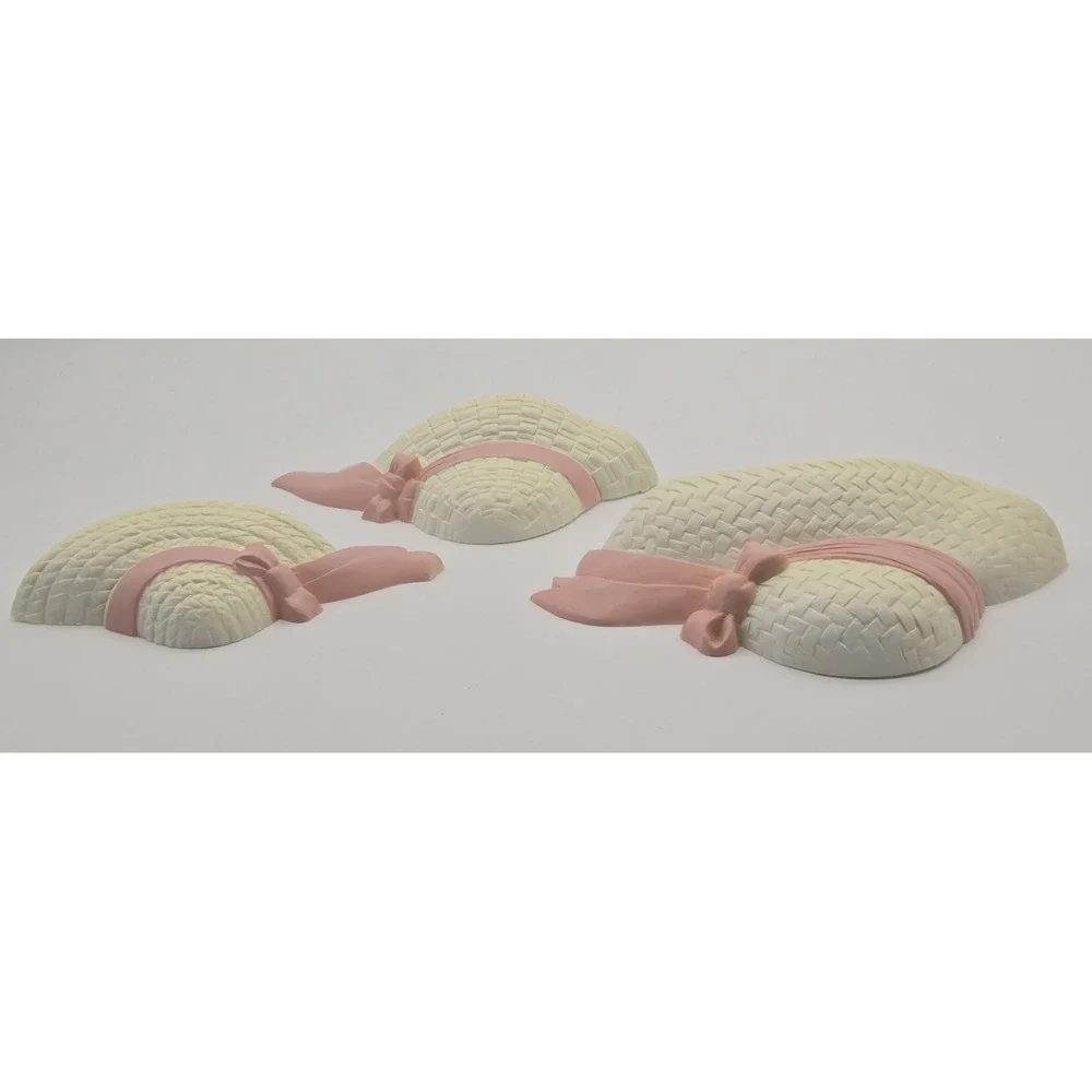 Burwood‎ 1998 USA Wall Plaques Set 3 Pink Ribbon Straw Hat Shabby Chic Decor