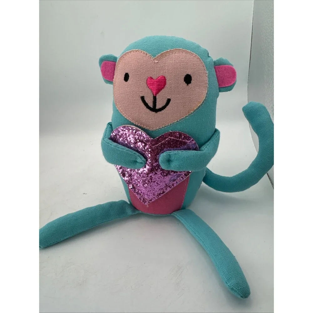 Cute Teal‎ Monkey Plush Stuffed Animal Glitter Heart Valentine Love