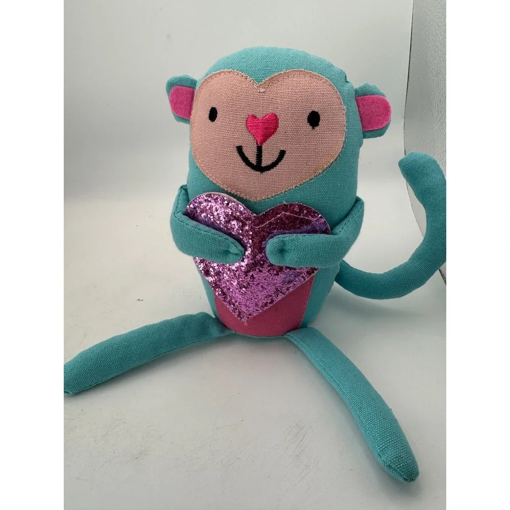 Cute Teal‎ Monkey Plush Stuffed Animal Glitter Heart Valentine Love