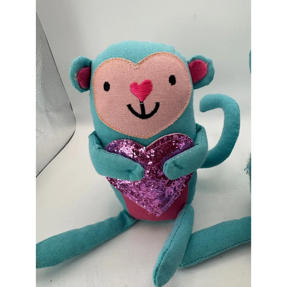 Cute Teal‎ Monkey Plush Stuffed Animal Glitter Heart Valentine Love