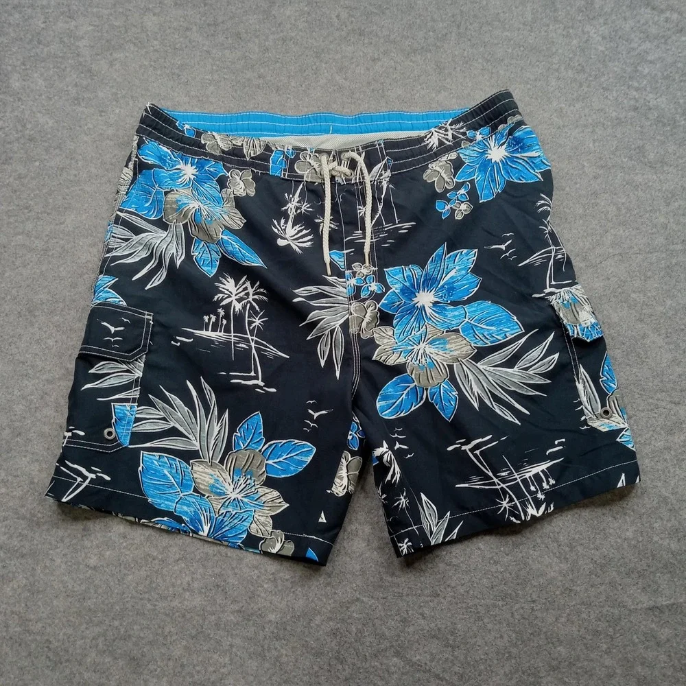Caribbean Joe Swim Trunks Mens‎ Large Black Blue Floral Board Shorts Mesh Lined