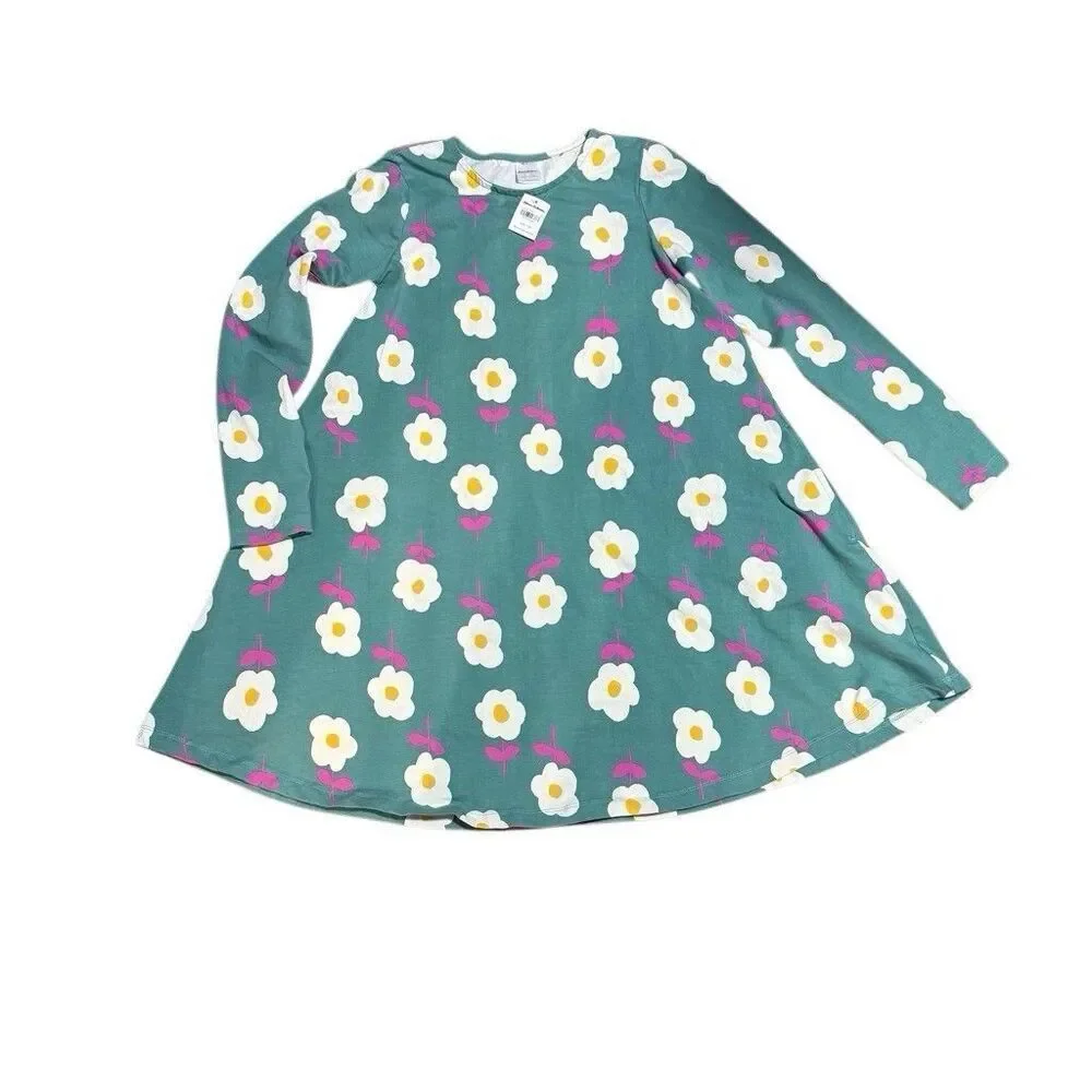 Hanna Anderson Dress US 12 Floral Long Sleeve Swing Cotton Pockets New