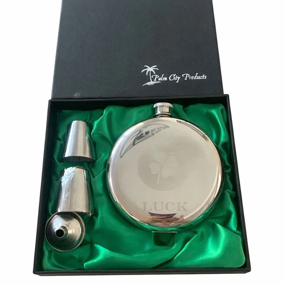 Flask Set With Shamrock And “Luck” Engraving