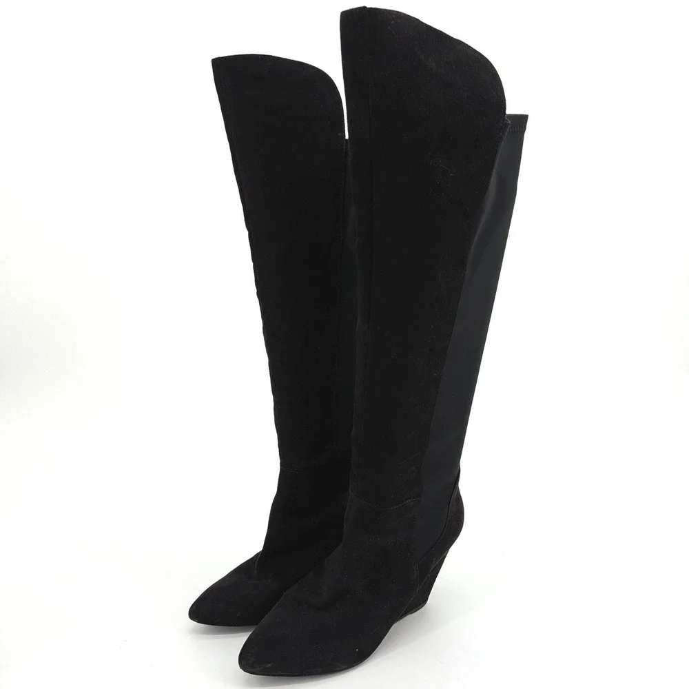 Charles David Womens‎ Black Suede Stretch Over The Knee Wedge Boots 7.5