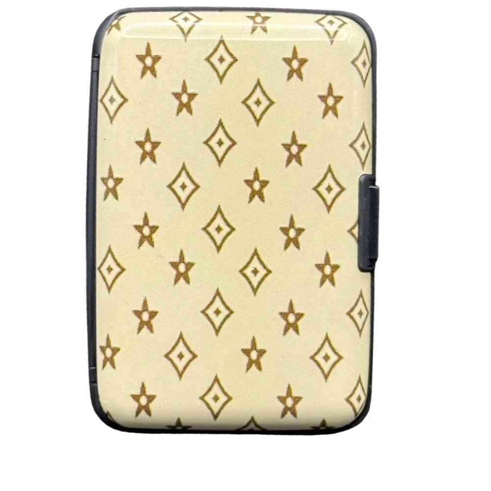 Hard Shell Accordion Card Wallet Cream Tan Star Diamond Print Case