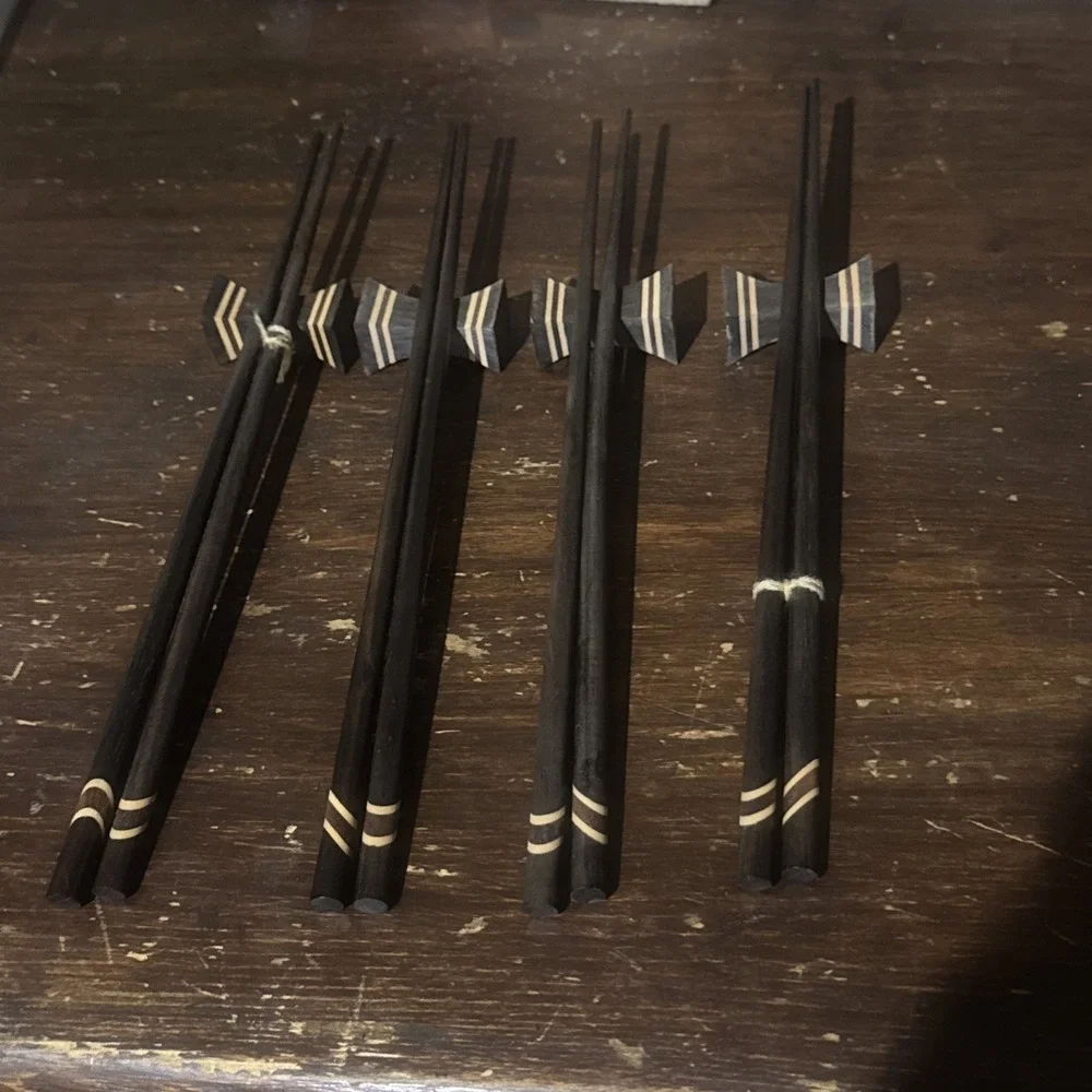 Vintage Wooden Chop Sticks & Resting‎ Blocks With Case 4 Pair Beautiful!