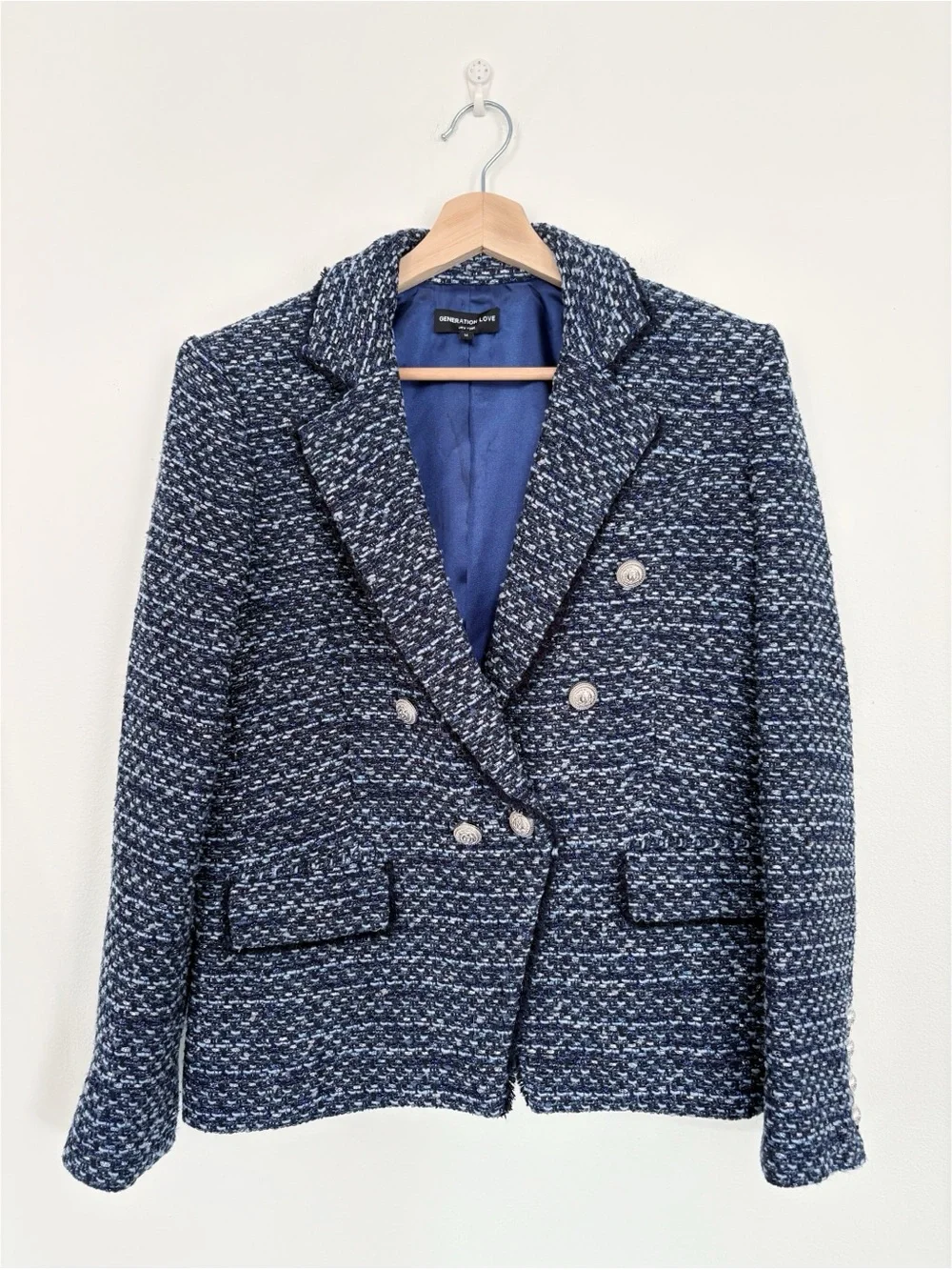 Generation Love || Eliza Tweed Blazer Jacket in Navy Melange Medium