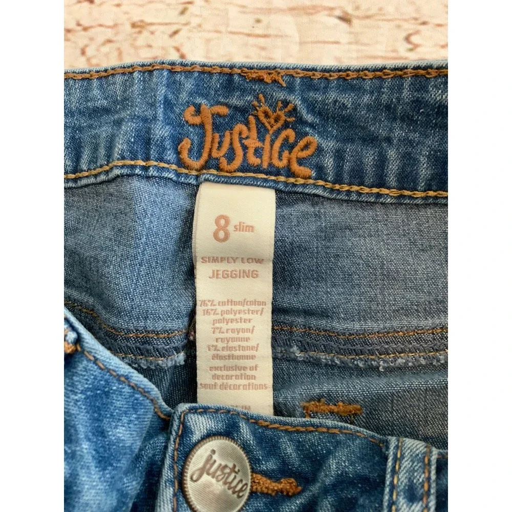 Justice Girls Size 8 Slim Simply Low Jegging Patch Denim Jeans Raw Hem Emoji