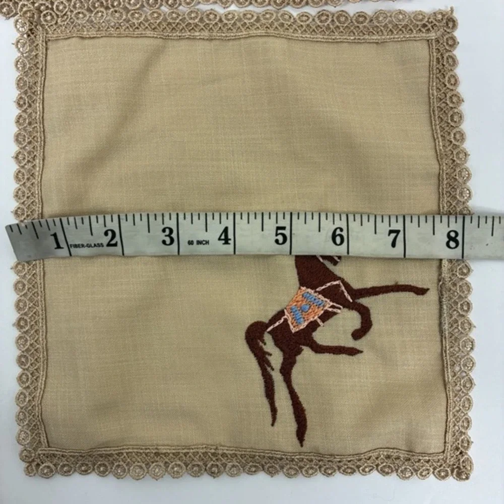 VTG Cocktail Napkins 4 Pc Hand Embroidered Horse Western Derby NEW Rare