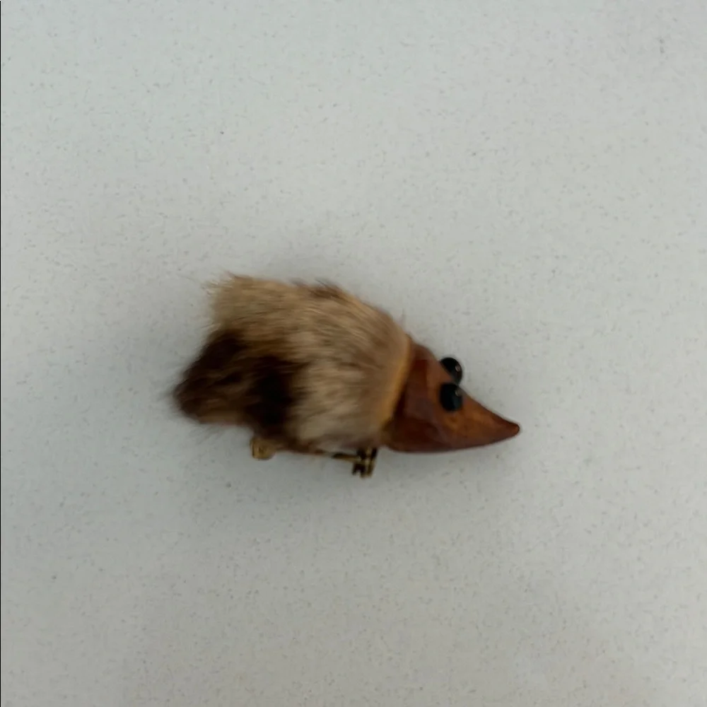 VTG 50s Danish Teak Wood and Fur Hedgehog Brooch Pin MCM Denmark Animal