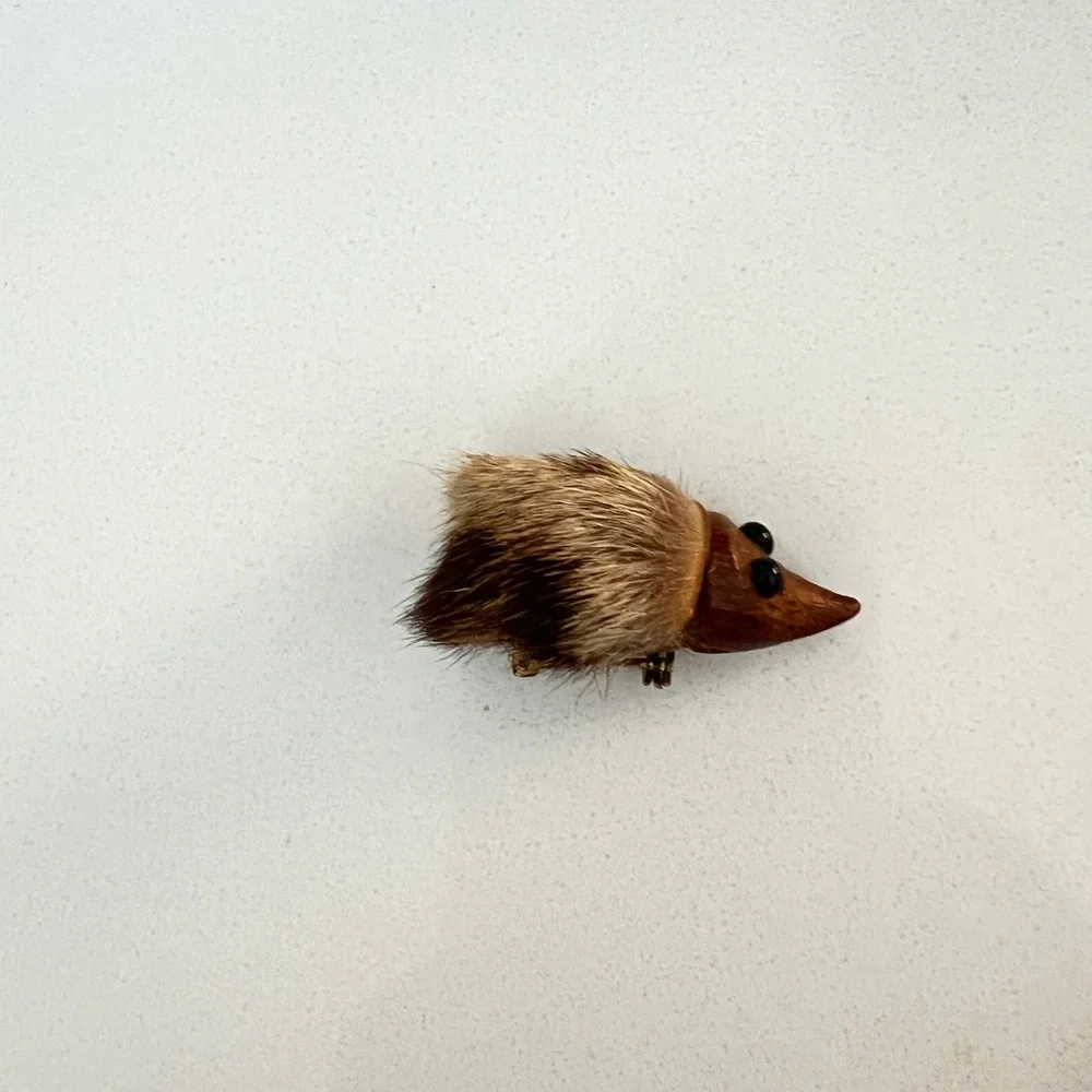 VTG 50s Danish Teak Wood and Fur Hedgehog Brooch Pin MCM Denmark Animal