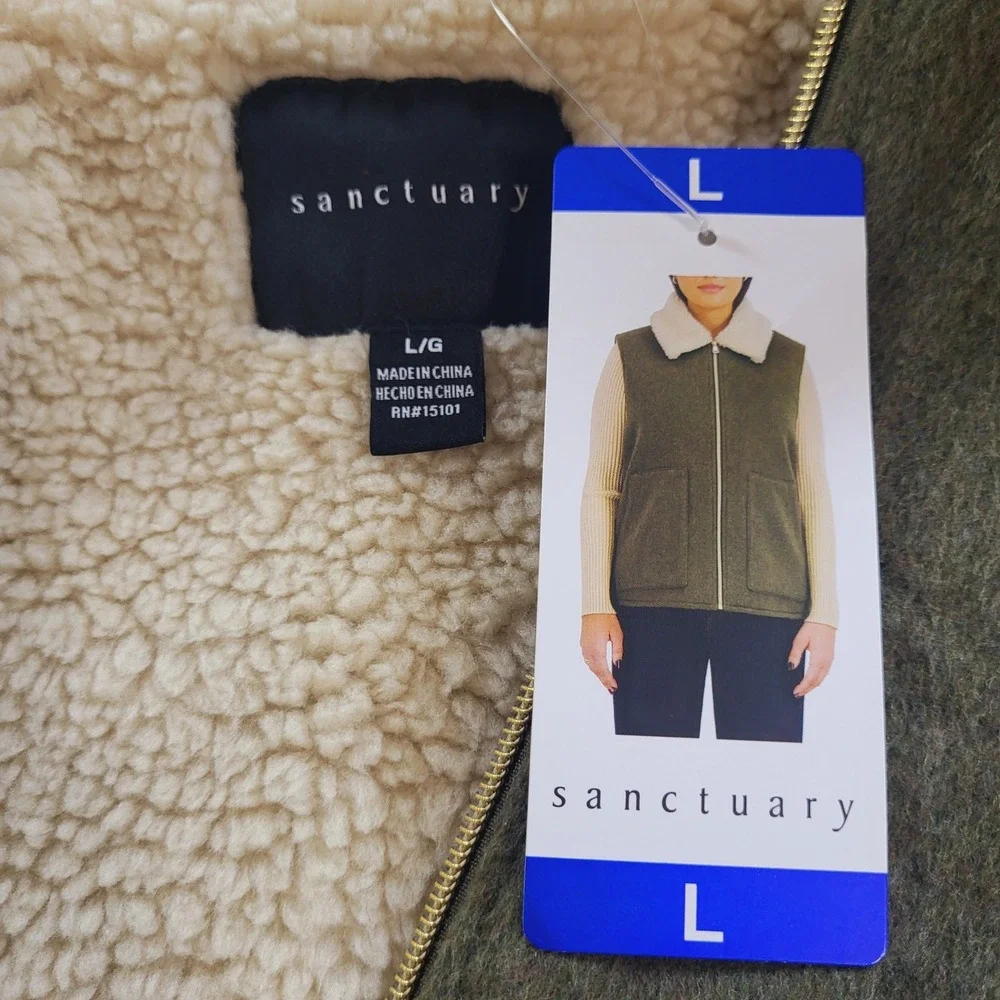 Sanctuary Womens Olive Green Wool Blend Faux Fur Lined Sherpa Vest Large 1893464