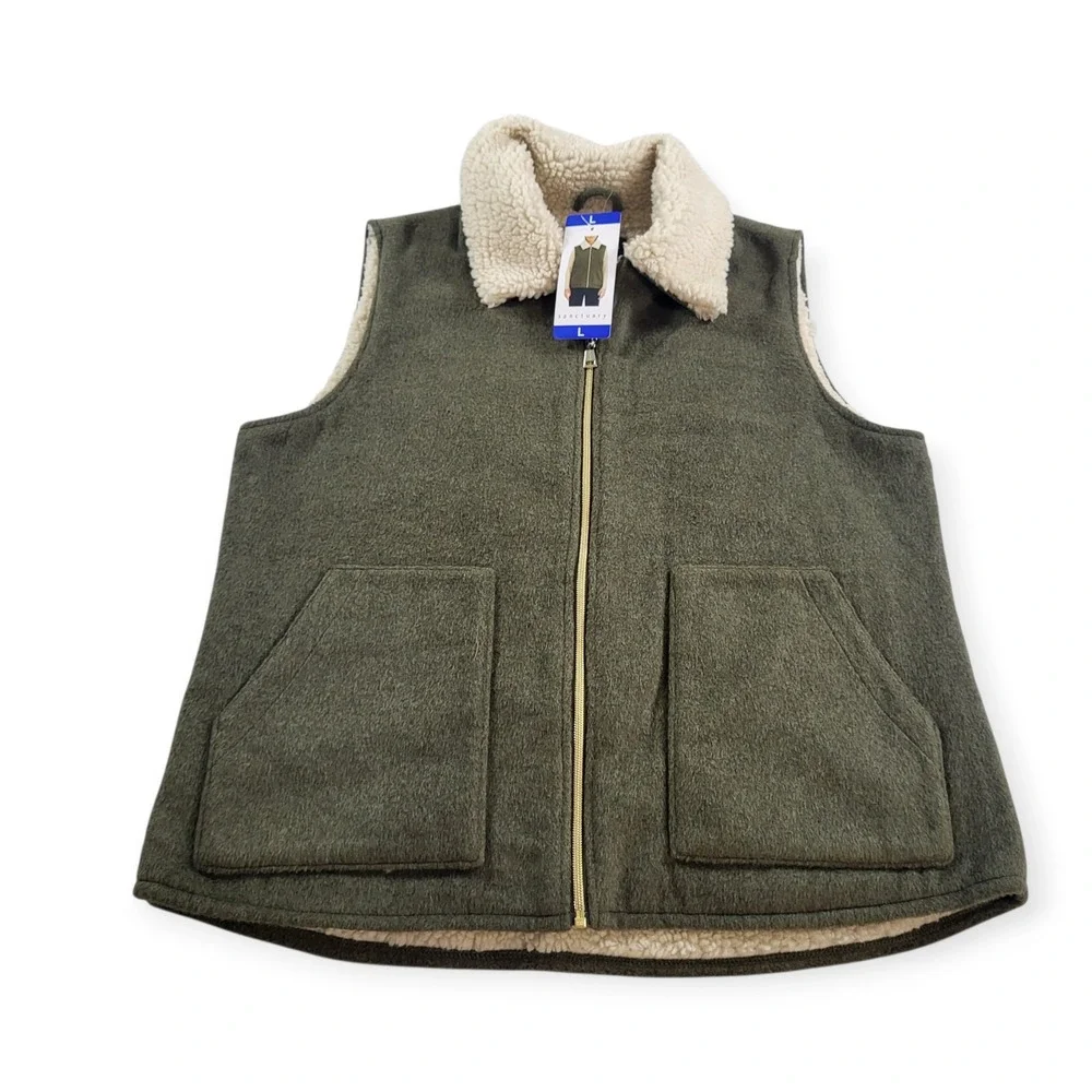Sanctuary Womens Olive Green Wool Blend Faux Fur Lined Sherpa Vest Large 1893464