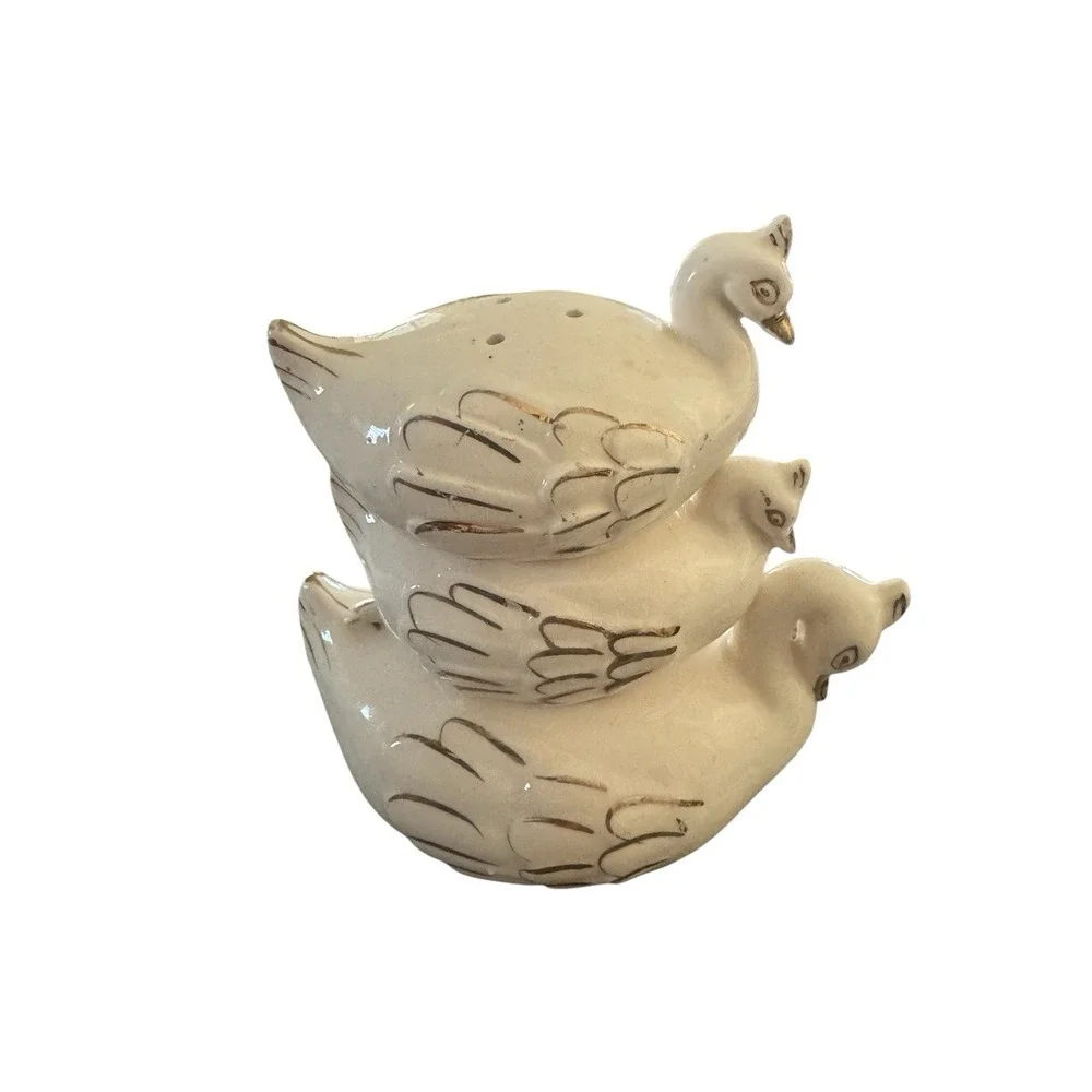 Vintage Ceramic‎ Swan Stacking Salt Pepper Condiment Pot With Spoon