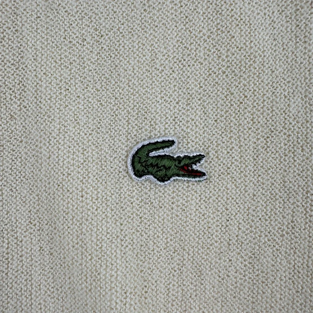 Izod Lacoste Cardigan Mens L Cream Vintage Acrylic V-Neck Sweater Logo USA Made