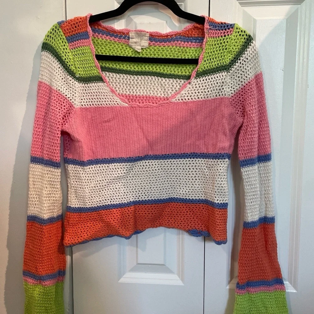 Hippie Rose Pink and Green Long Sleeve Ribbed Crop Blouse