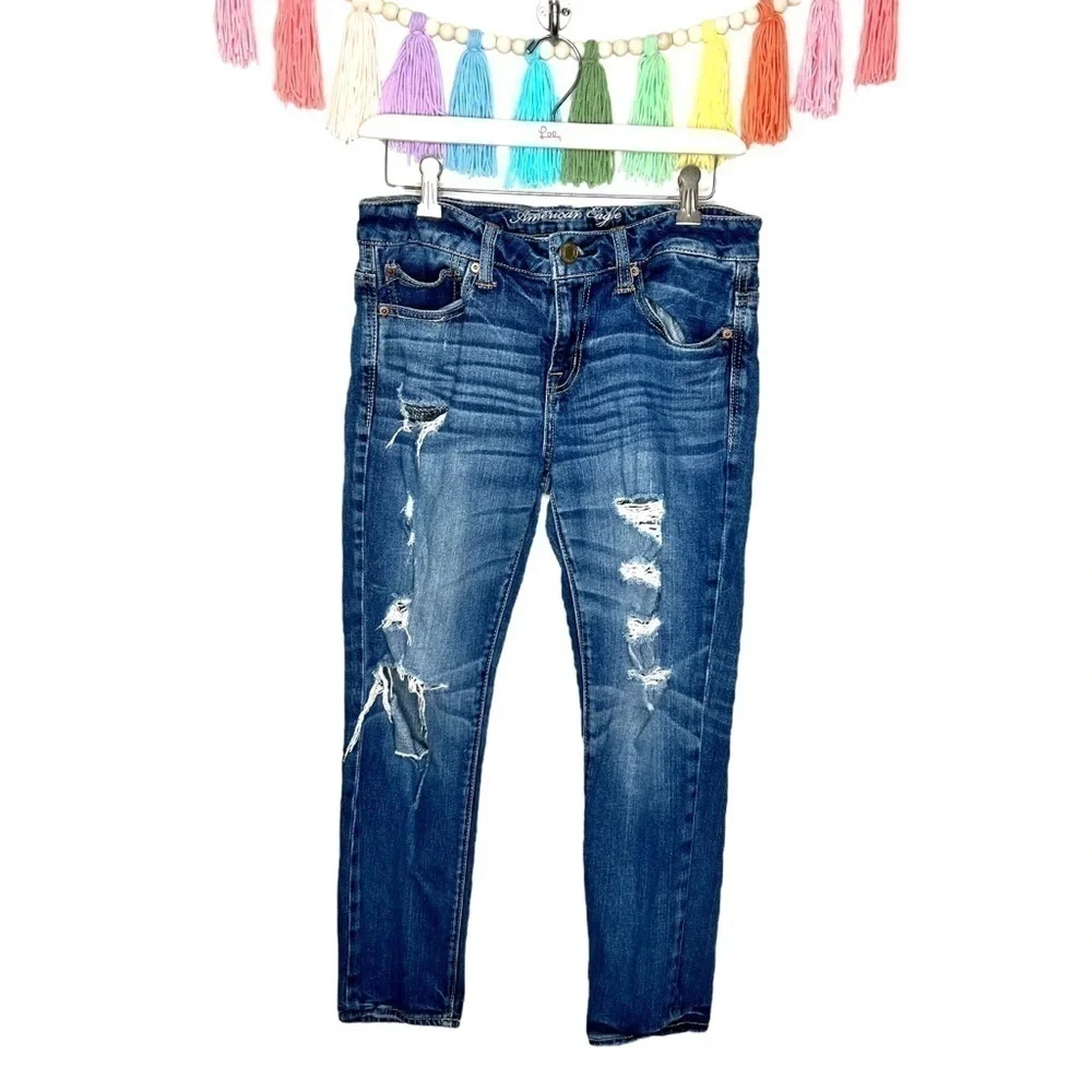 American Eagle AEO Y2K Distressed Grunge Frayed Slouchy Mid Rise Jeans Size 4