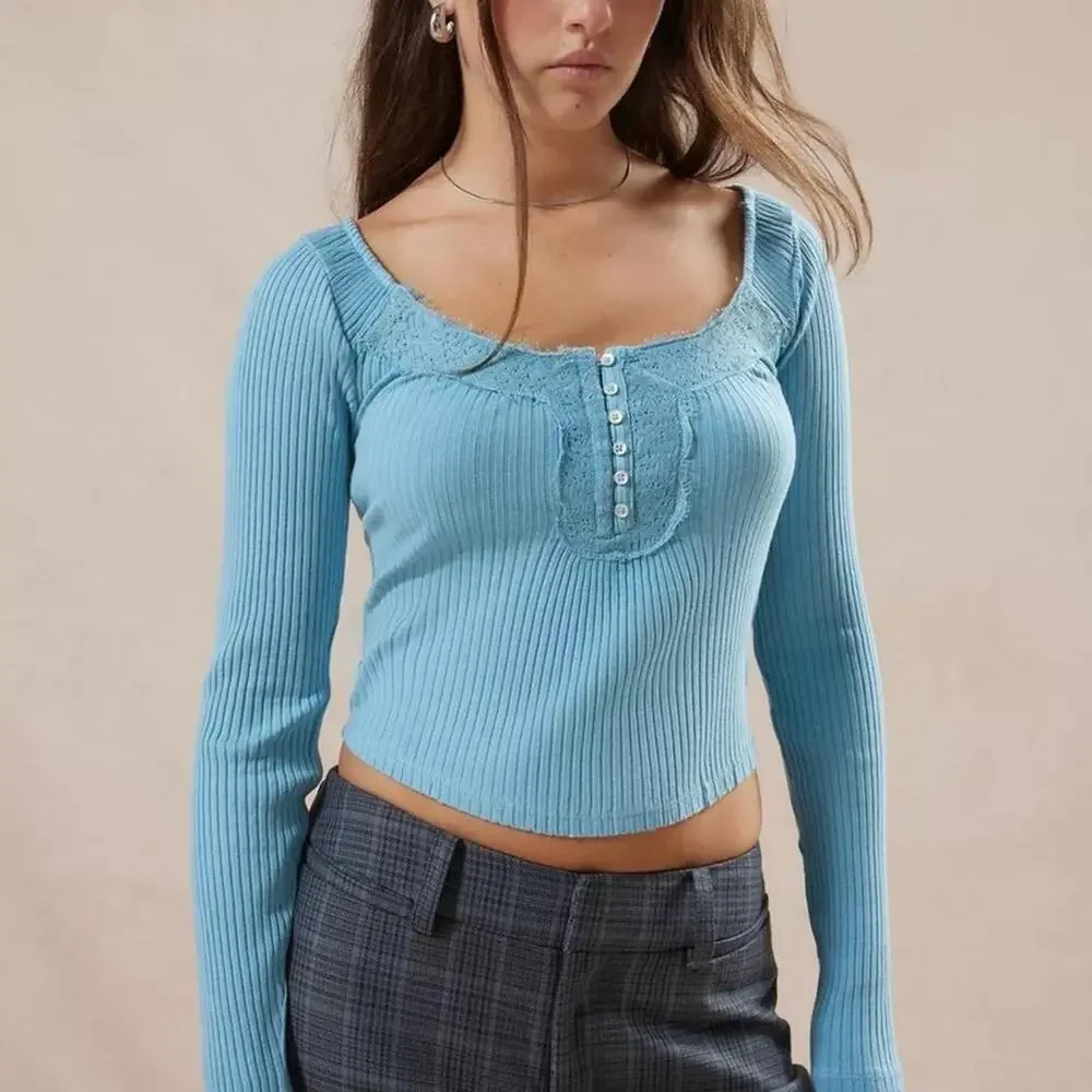 Urban Outfitters Kimchi Blue Lace Button Front Ribbed Long Sleeve Top Small