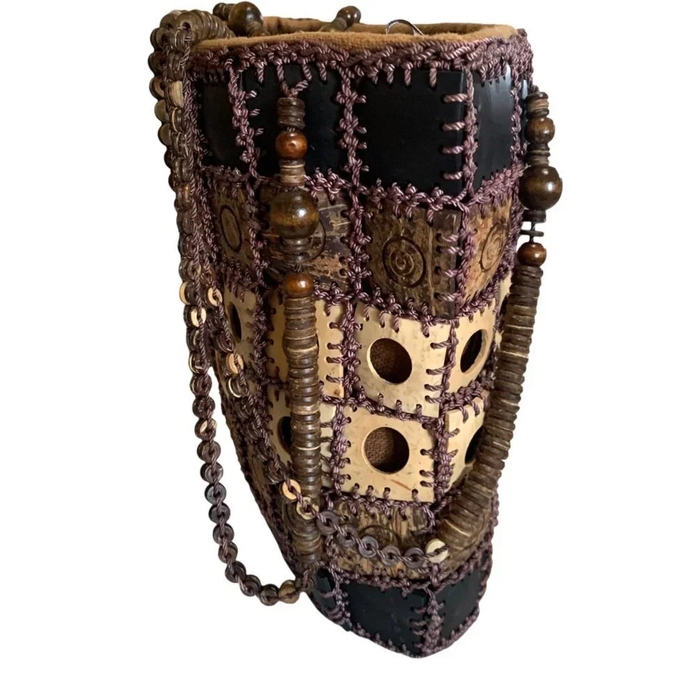 Handcrafted Boho‎ Patchwork Shoulder Bag Beaded Straps & Unique Coconut Shells