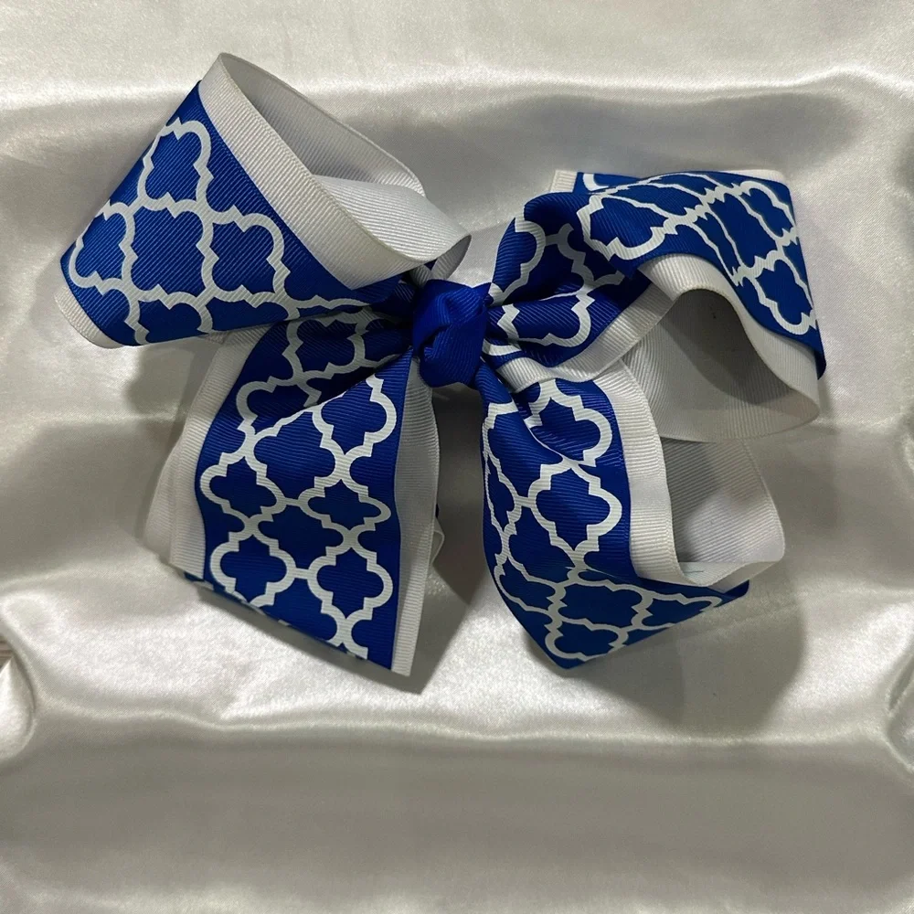 Royal Blue & White Patterned Grosgrain Mega Hair Bow- bundle & save on shipping