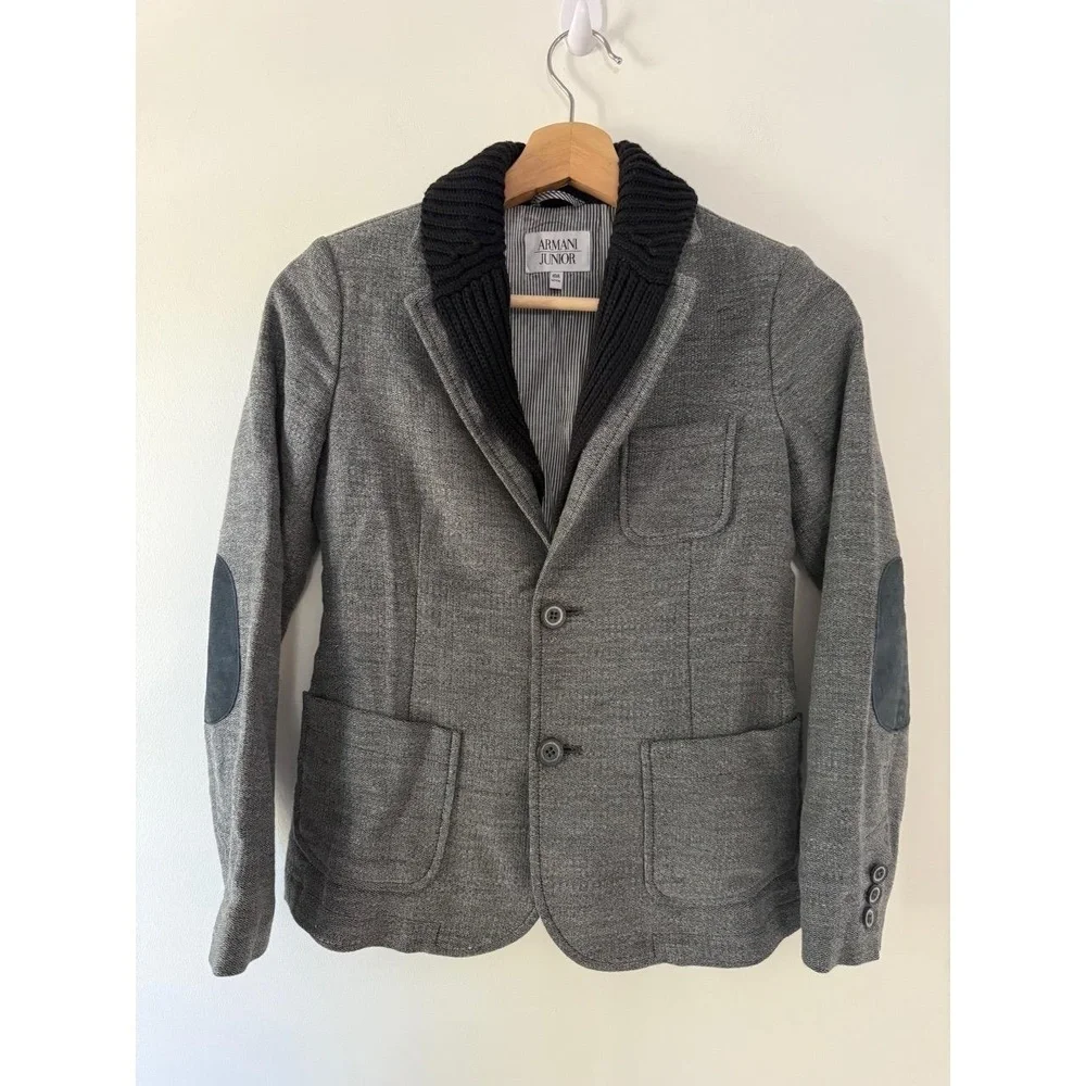 Armani Junior Boys Blazer Coat size 10 Grey Black Classic Elbow Patches Designer