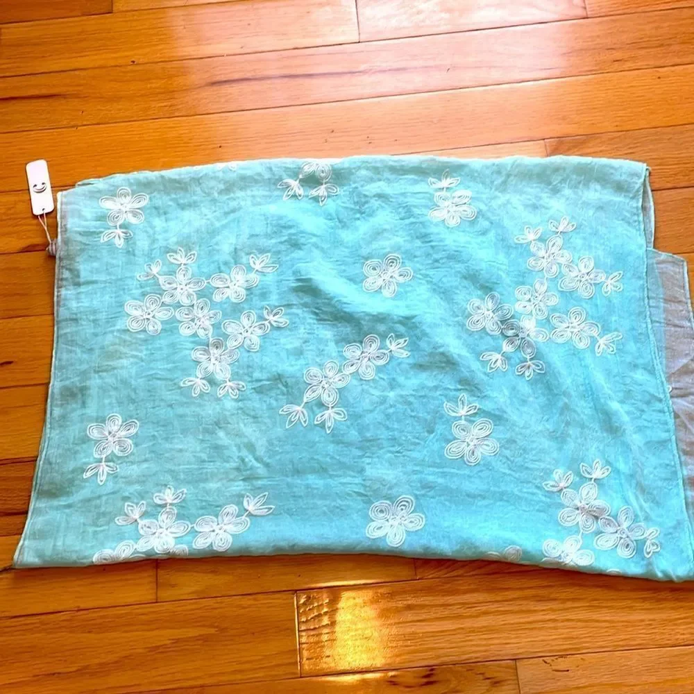 NWT Scarf mint seafoam color white embroidery