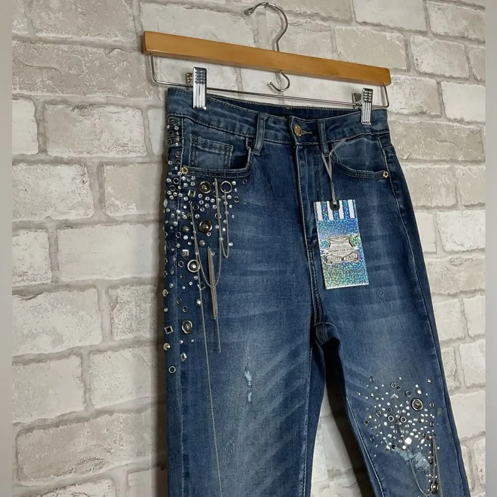NWT Denim Couture Red Embellished Blue Skinny Jeans Size 5