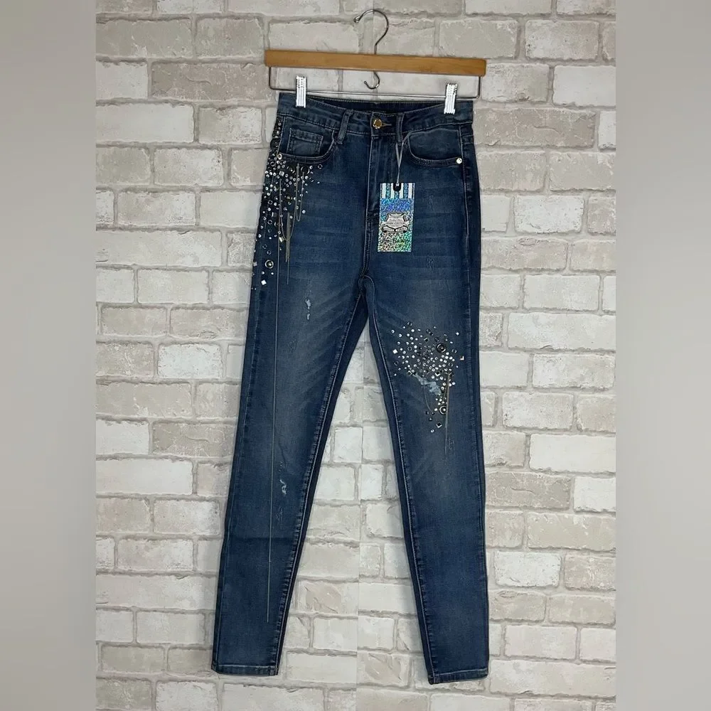 NWT Denim Couture Red Embellished Blue Skinny Jeans Size 5