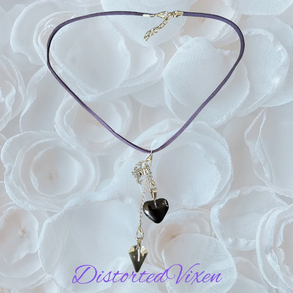 Navy Blue Glass Heart & Clear Glass Pendulum Necklace – with dragon charm