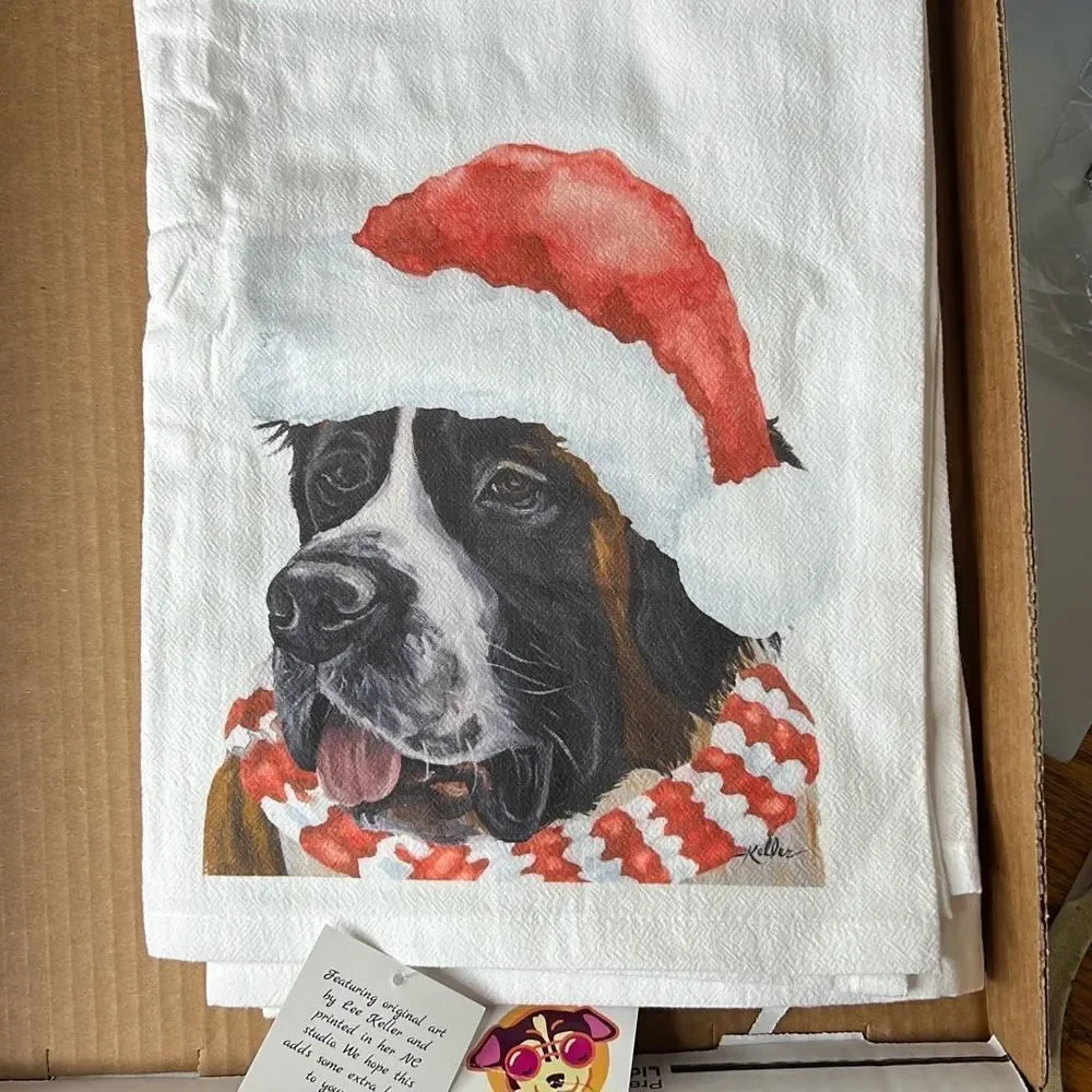 Hippie Hound Studios Christmas Dog Towel “Saint Bernard ” Holiday Towel Set 2 NW