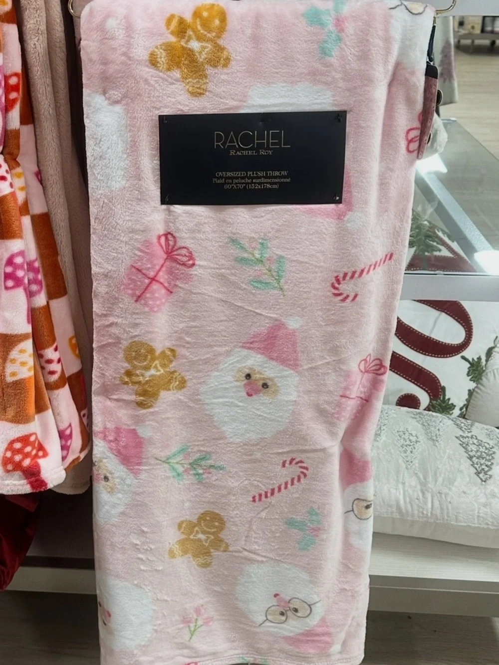 Rachel Roy Pink Holiday Santa & Gingerbread Plush Throw Blanket