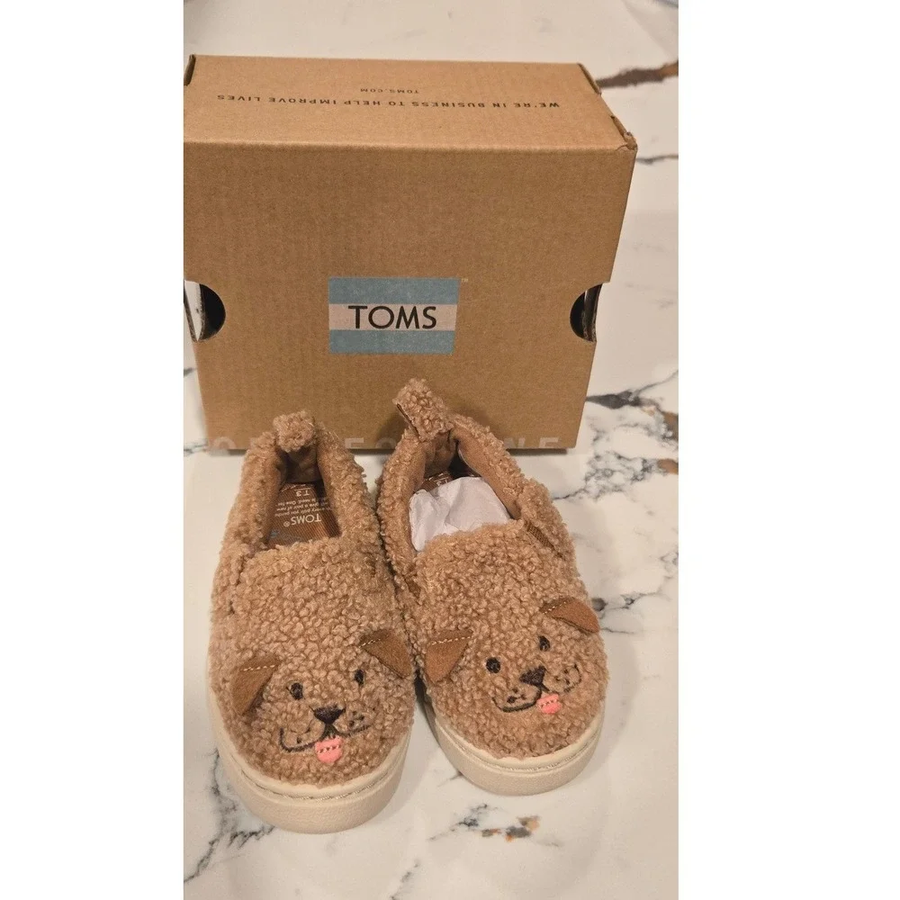 TOMS Kids Luca‎ Doodle Plush Slip On Shoes Toddler Size 3 Brown Dog Face