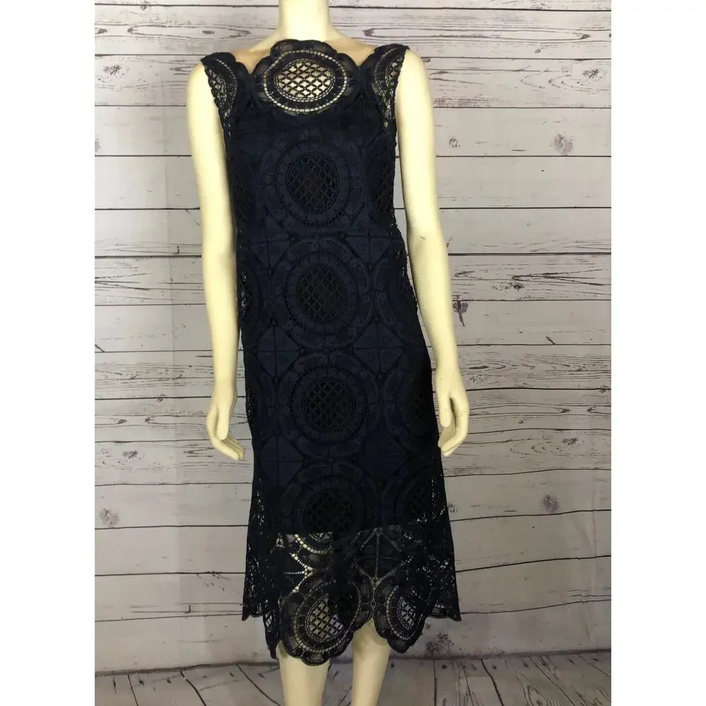 Tracy Reese Navy Surplice sleevless scalloped Lace Embroidered Dress size 4
