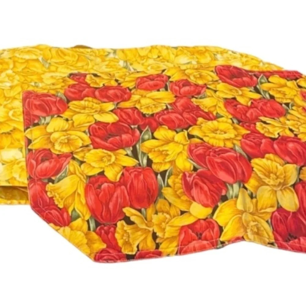 SET Of 12 Reversible Quality Red & Yellow Floral Octagon Spring Placemats 17x13”