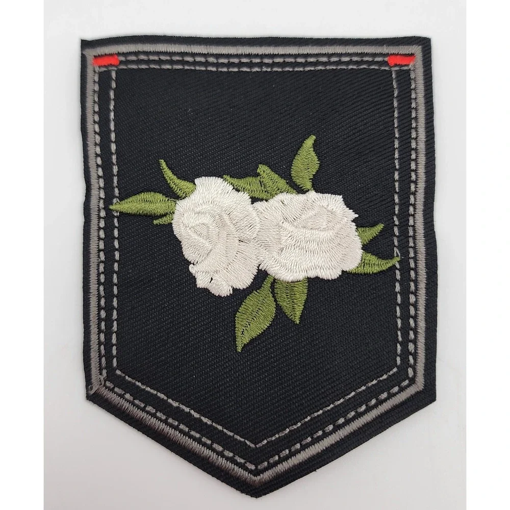 WHITE ROSE ON‎ POCKET BLACK DENIM EMBROIDERED PATCH