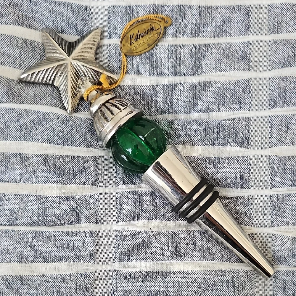 VTG Katherine's Collection Silver Star & Green Jeweled Glass Bead Wine Stopper
