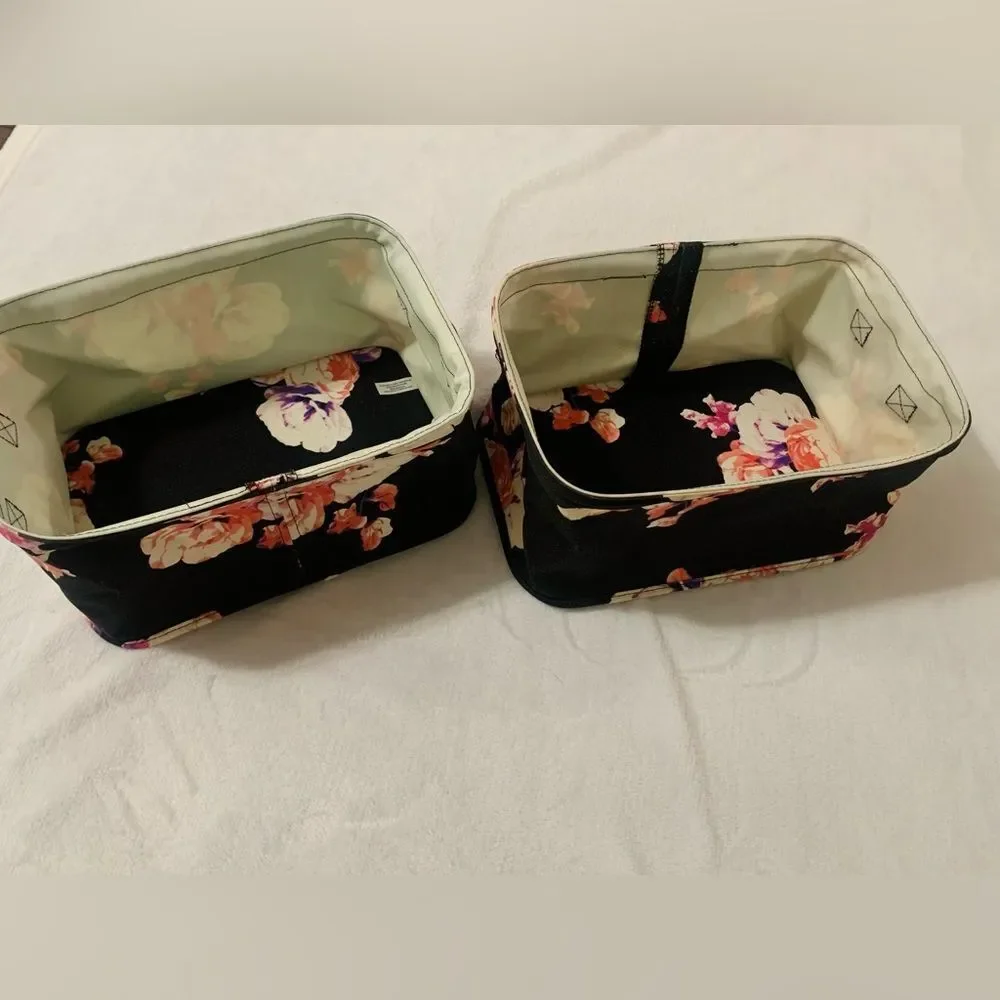PINK VS HTF VINTAGE BLACK FLORAL STORAGE BIN TRUNK SET OF 2