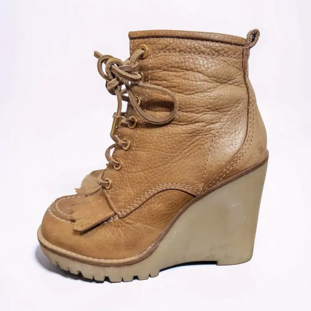 Tory Burch Howard Tan Leather Fringe Lug Wedge Boots Women’s 6