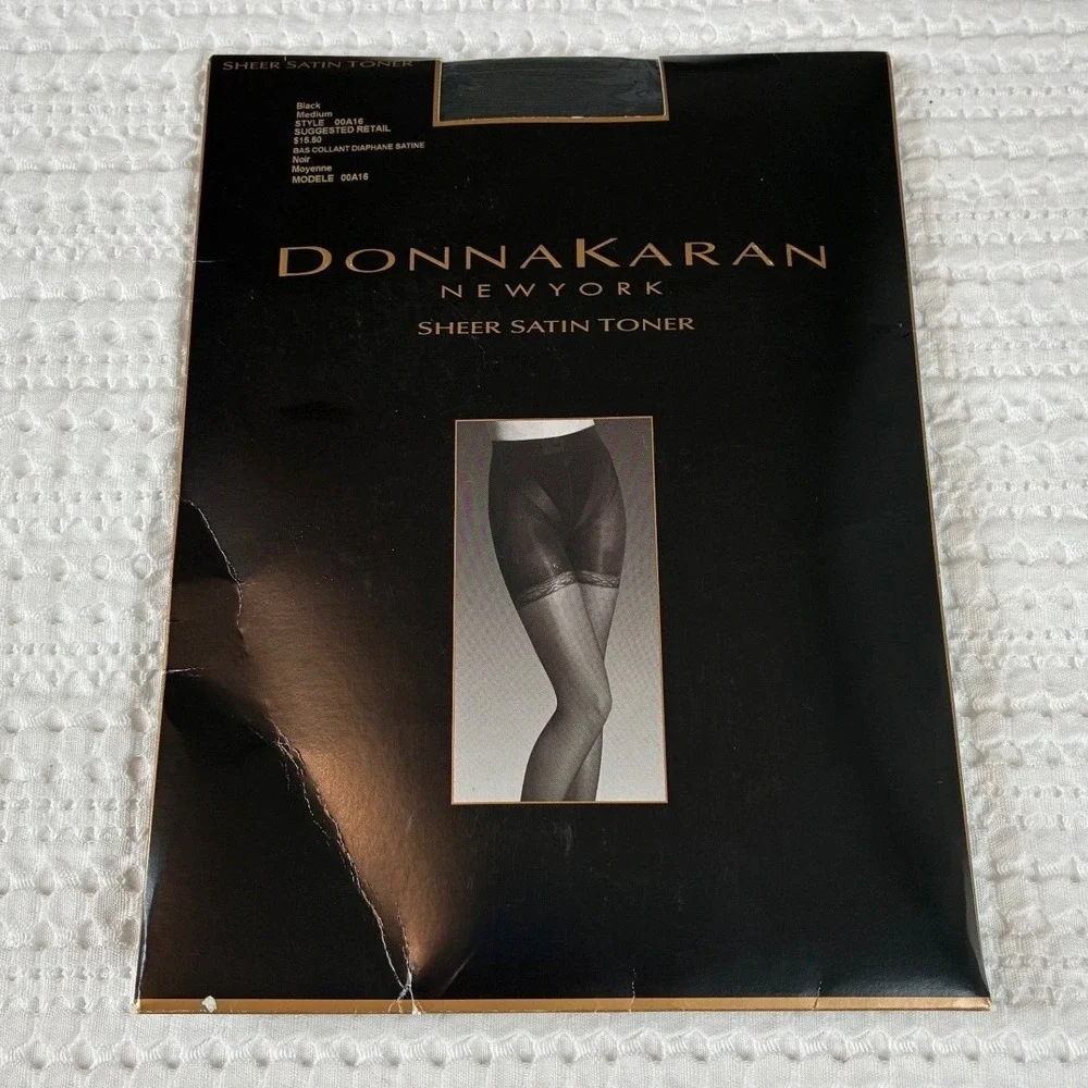 NOS VTG Donna Karan Pantyhose‎ Medium Black Sheer Satin Toner 2002 Tights