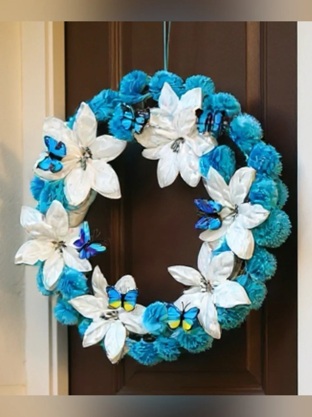 Blue & White Holiday Wreath with Butterfly Accents Hand Crafted