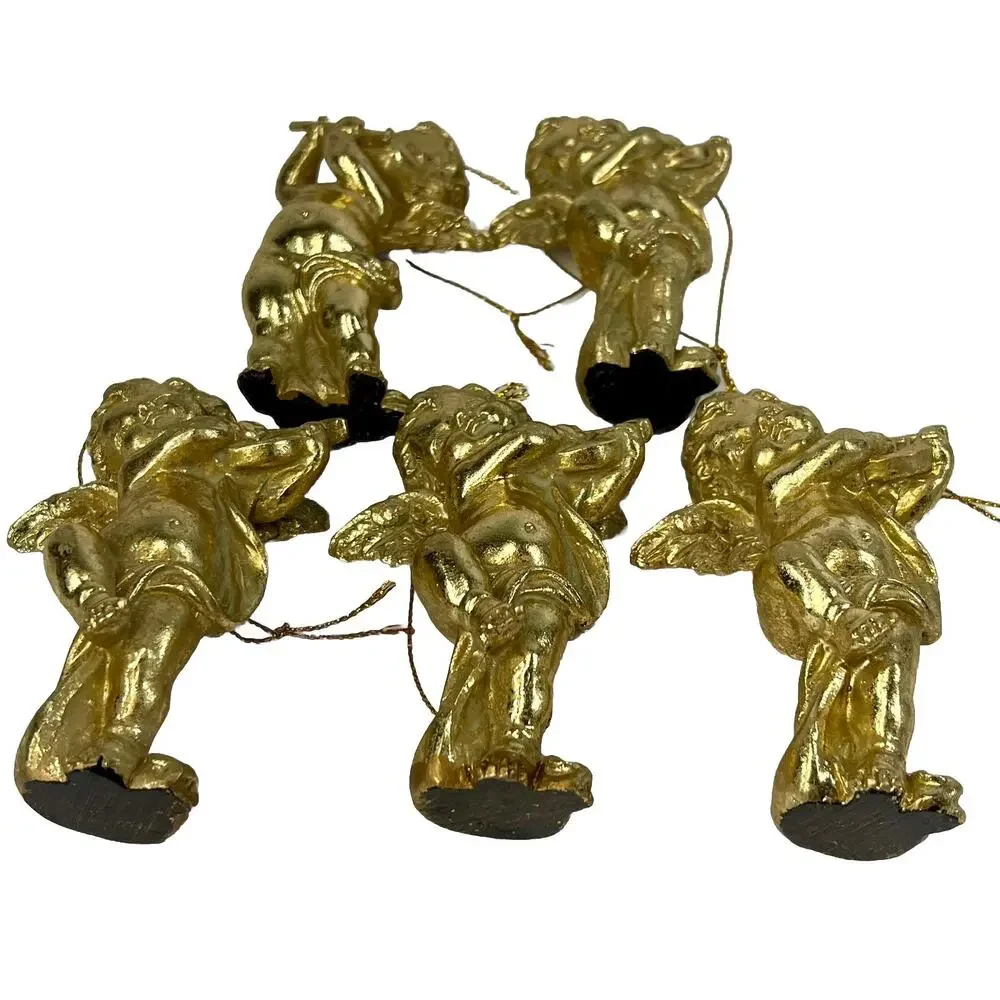 Cherub Angel Gold Resin Ornament Figure Harp Lute Flute Christmas 4” Lot Of 5