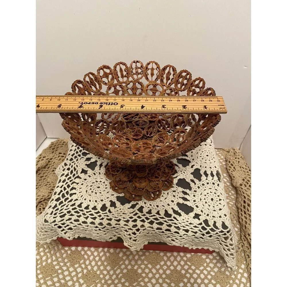 Black Walnut Shell Bowl Folk Art Hand‎ Made Sliced Hulls Footed Wood Dish UNIQUE