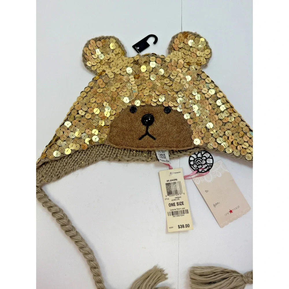 American Rag Bear Hat Gold Sequin Knit Beanie Winter Warm Ear Flap One Size
