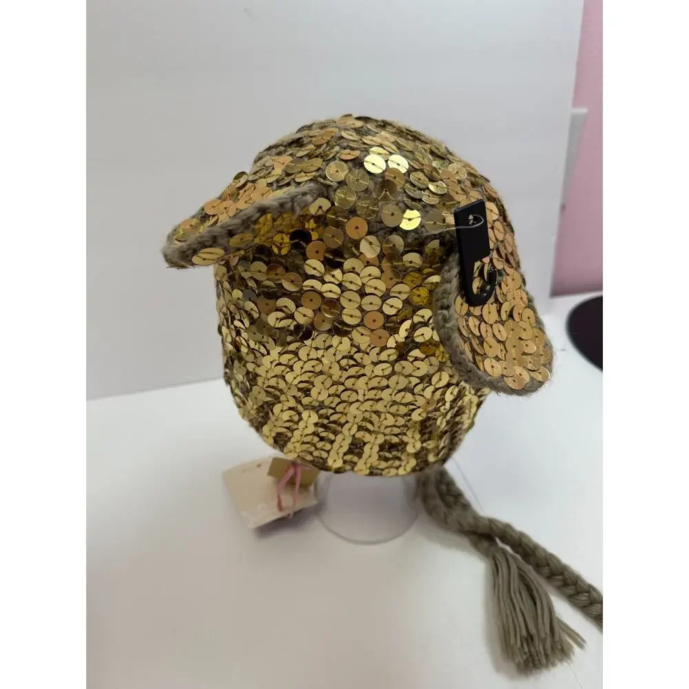 American Rag Bear Hat Gold Sequin Knit Beanie Winter Warm Ear Flap One Size